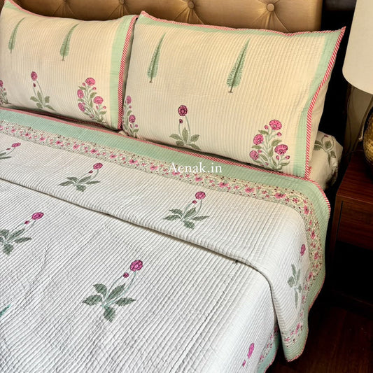 Light Magenta Floral Handblock Bedsheet + Straight Quilted Bedcover Combo Set
