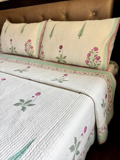 Light Magenta Floral Handblock Bedsheet + Straight Quilted Bedcover Combo Set