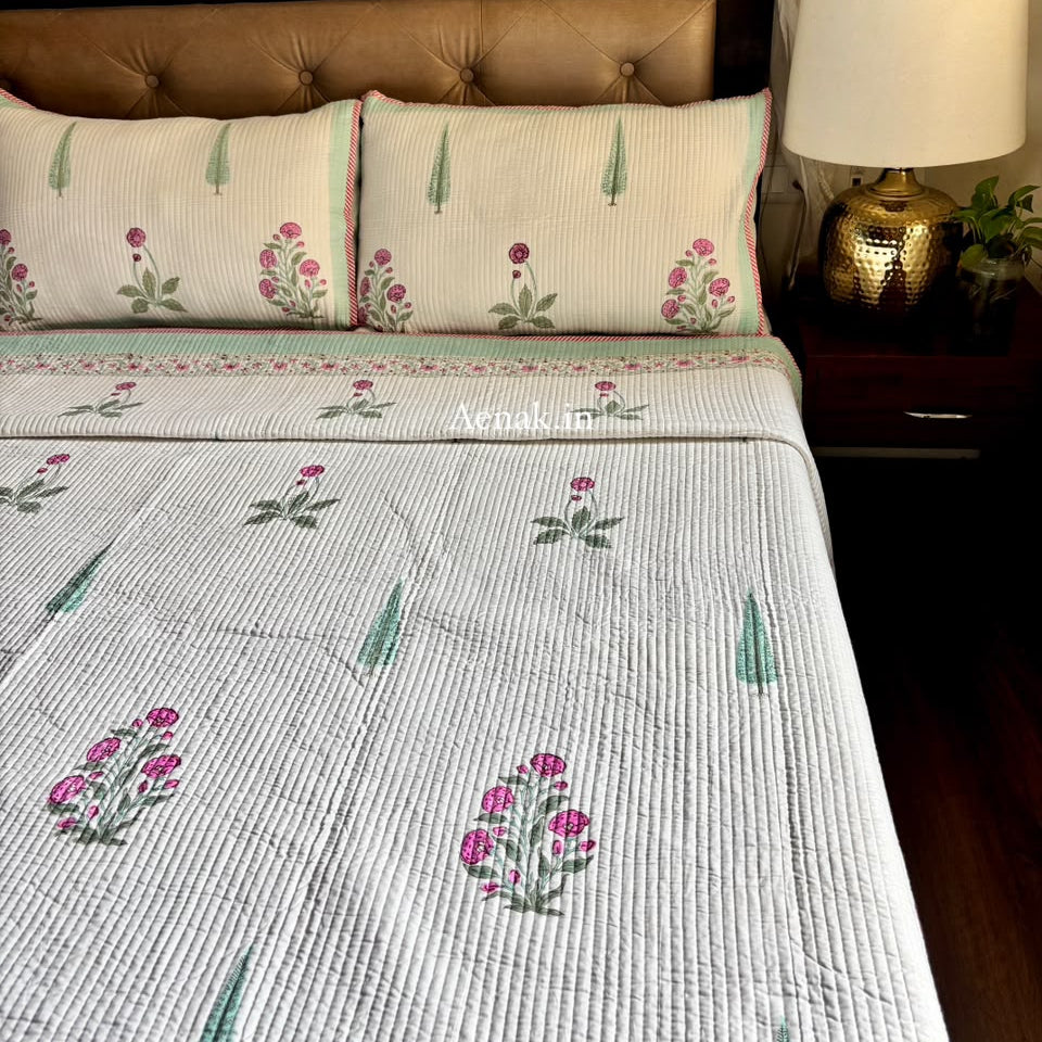 Light Magenta Floral Handblock Bedsheet + Straight Quilted Bedcover Combo Set
