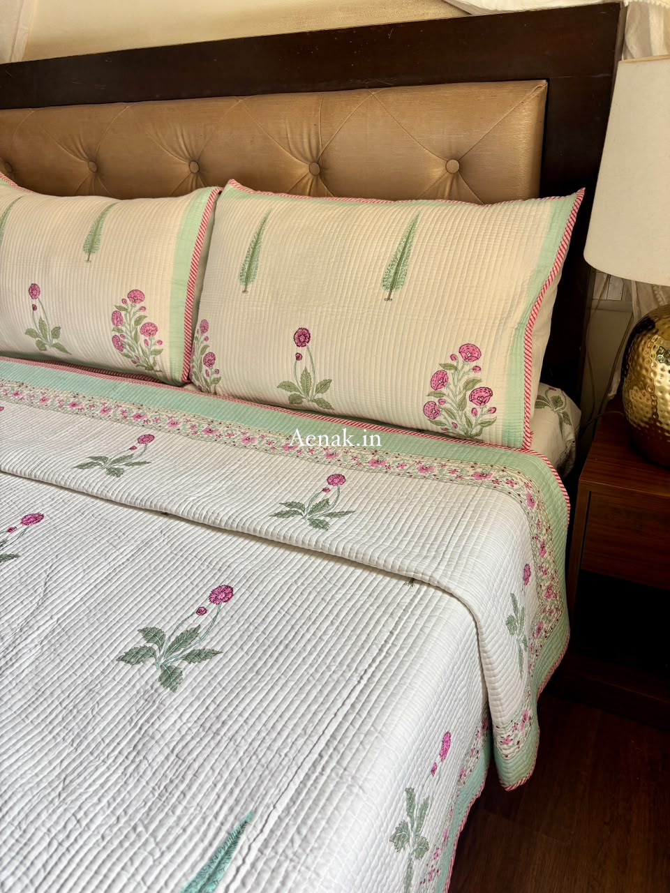 Light Magenta Floral Handblock Bedsheet + Straight Quilted Bedcover Combo Set