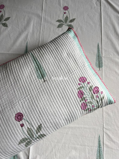Light Magenta Floral Handblock Bedsheet + Straight Quilted Bedcover Combo Set