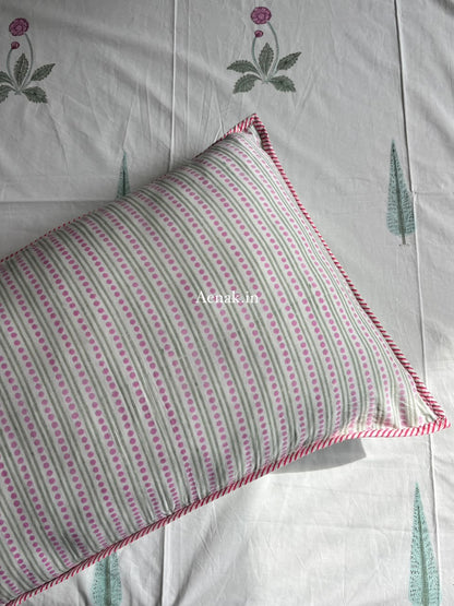 Light Magenta Floral Handblock Bedsheet + Straight Quilted Bedcover Combo Set