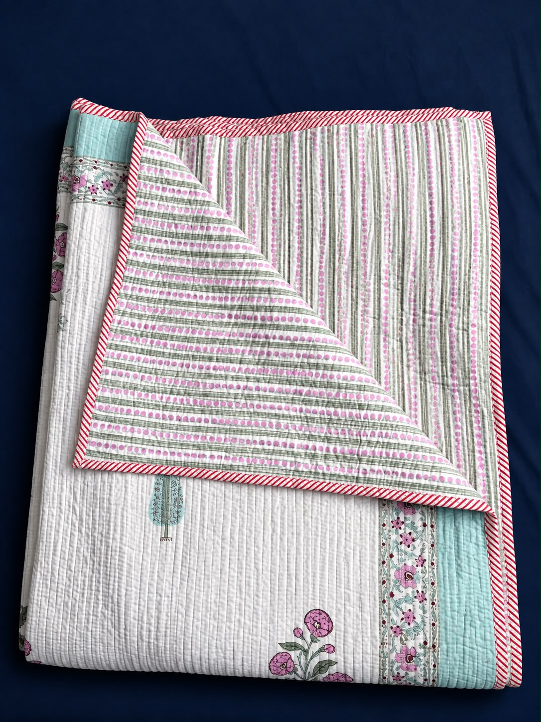 Light Magenta Floral Handblock Bedsheet + Straight Quilted Bedcover Combo Set