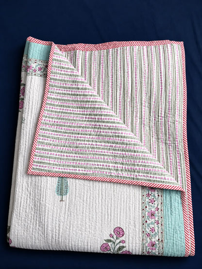 Light Magenta Floral Handblock Bedsheet + Straight Quilted Bedcover Combo Set