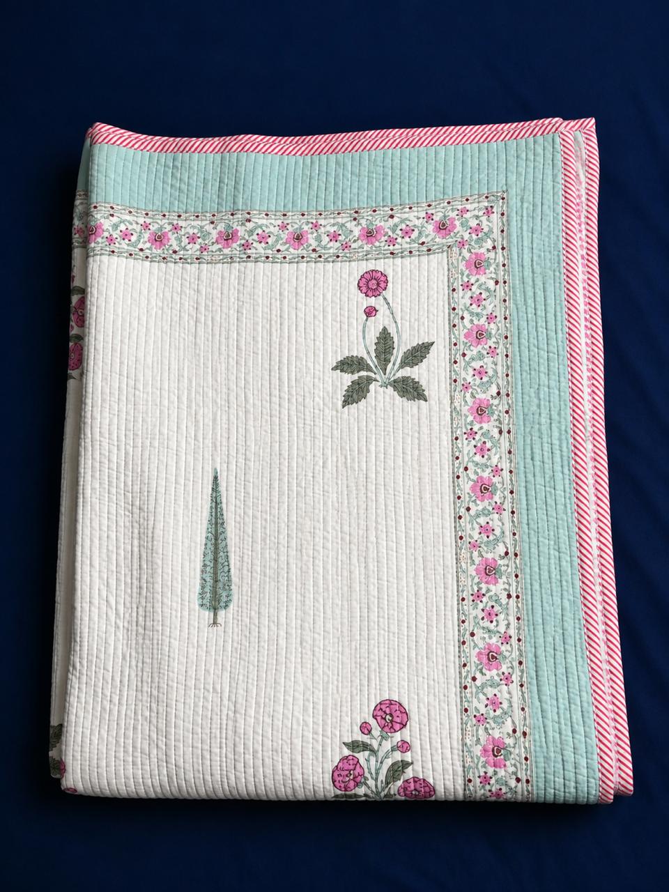 Light Magenta Floral Handblock Bedsheet + Straight Quilted Bedcover Combo Set