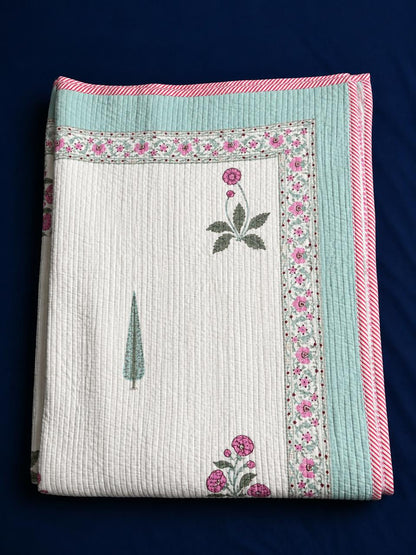 Light Magenta Floral Handblock Bedsheet + Straight Quilted Bedcover Combo Set