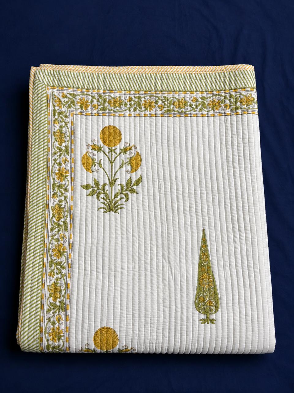 Yellow Dahlia Handblock Bedsheet + Straight Quilted Bedcover Combo Set