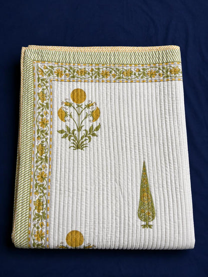 Yellow Dahlia Handblock Bedsheet + Straight Quilted Bedcover Combo Set