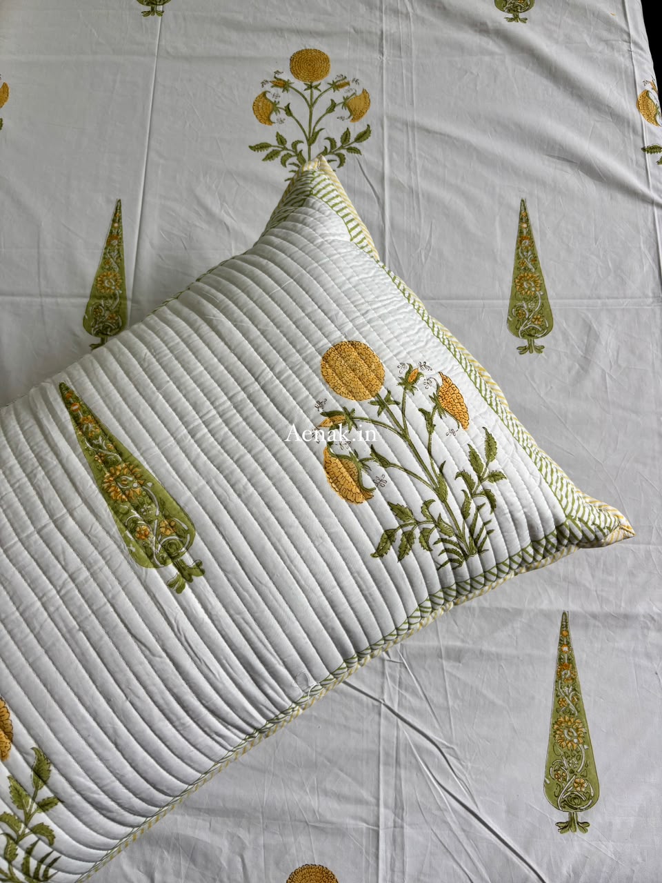 Yellow Dahlia Handblock Bedsheet + Straight Quilted Bedcover Combo Set