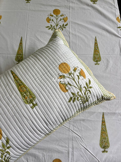 Yellow Dahlia Handblock Bedsheet + Straight Quilted Bedcover Combo Set