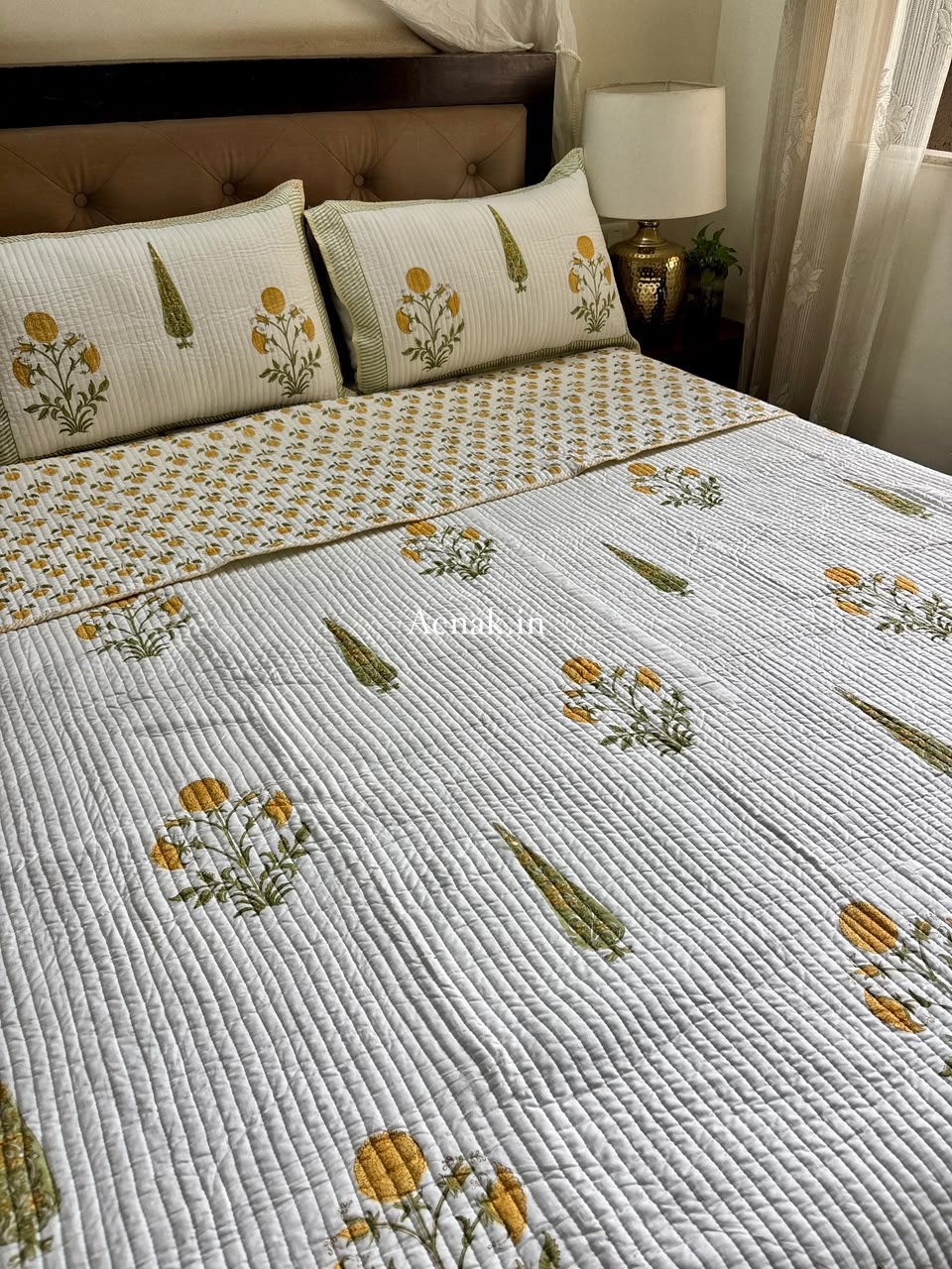 Yellow Dahlia Handblock Bedsheet + Straight Quilted Bedcover Combo Set