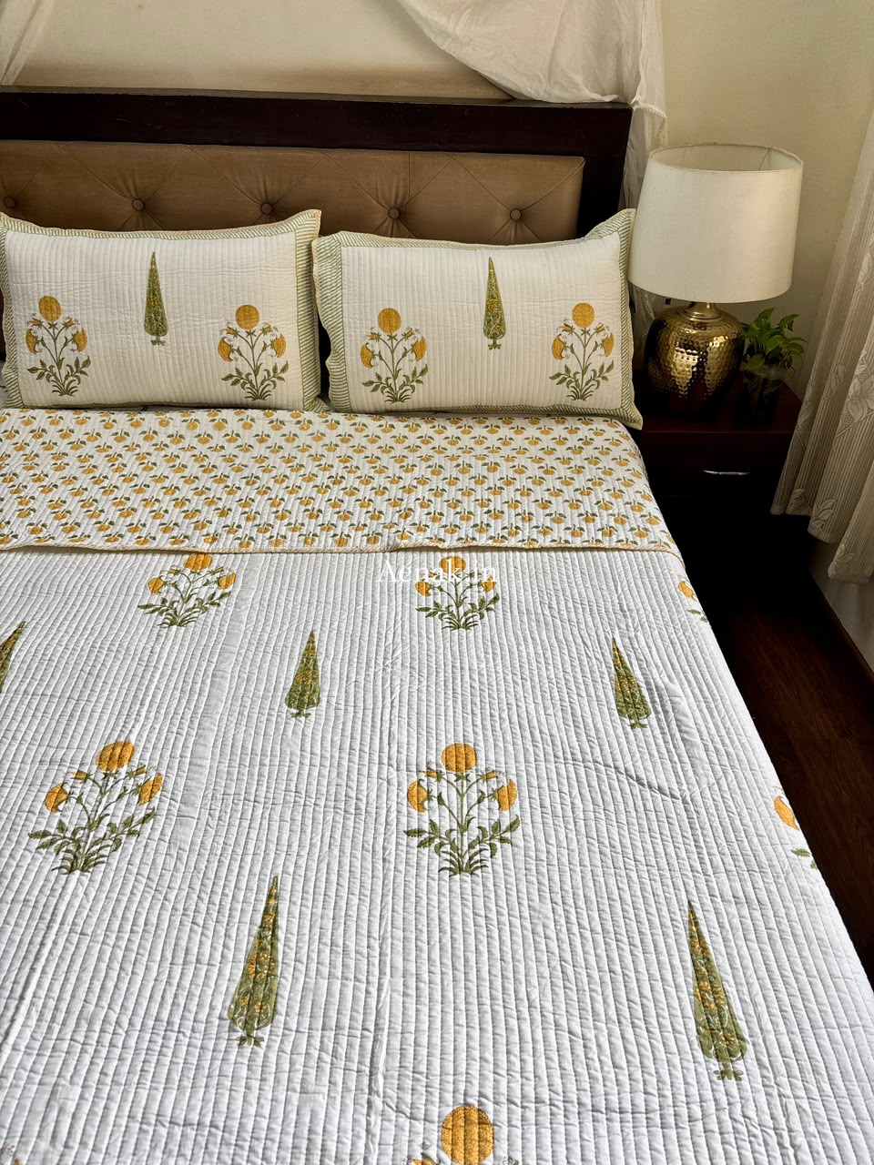 Yellow Dahlia Handblock Bedsheet + Straight Quilted Bedcover Combo Set