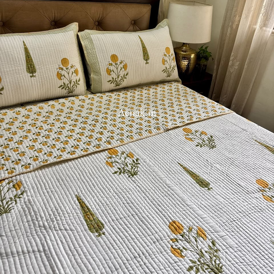 Yellow Dahlia Handblock Bedsheet + Straight Quilted Bedcover Combo Set