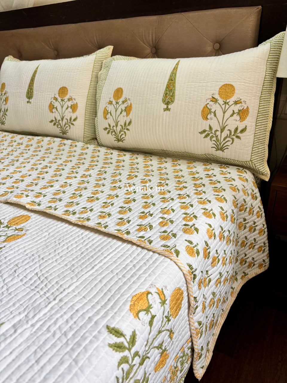 Yellow Dahlia Handblock Bedsheet + Straight Quilted Bedcover Combo Set
