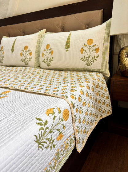 Yellow Dahlia Handblock Bedsheet + Straight Quilted Bedcover Combo Set