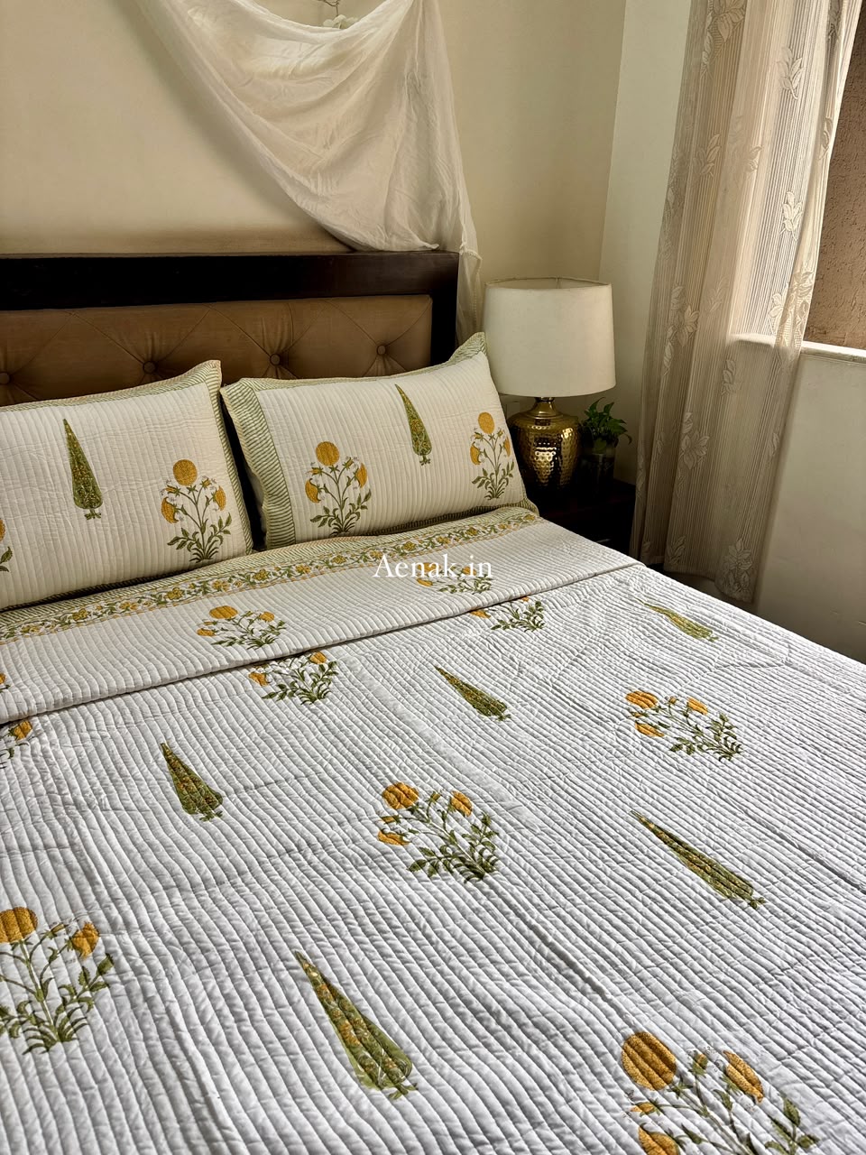 Yellow Dahlia Handblock Bedsheet + Straight Quilted Bedcover Combo Set