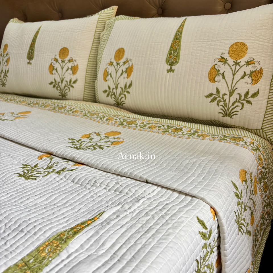 Yellow Dahlia Handblock Bedsheet + Straight Quilted Bedcover Combo Set