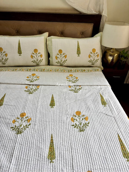 Yellow Dahlia Handblock Bedsheet + Straight Quilted Bedcover Combo Set