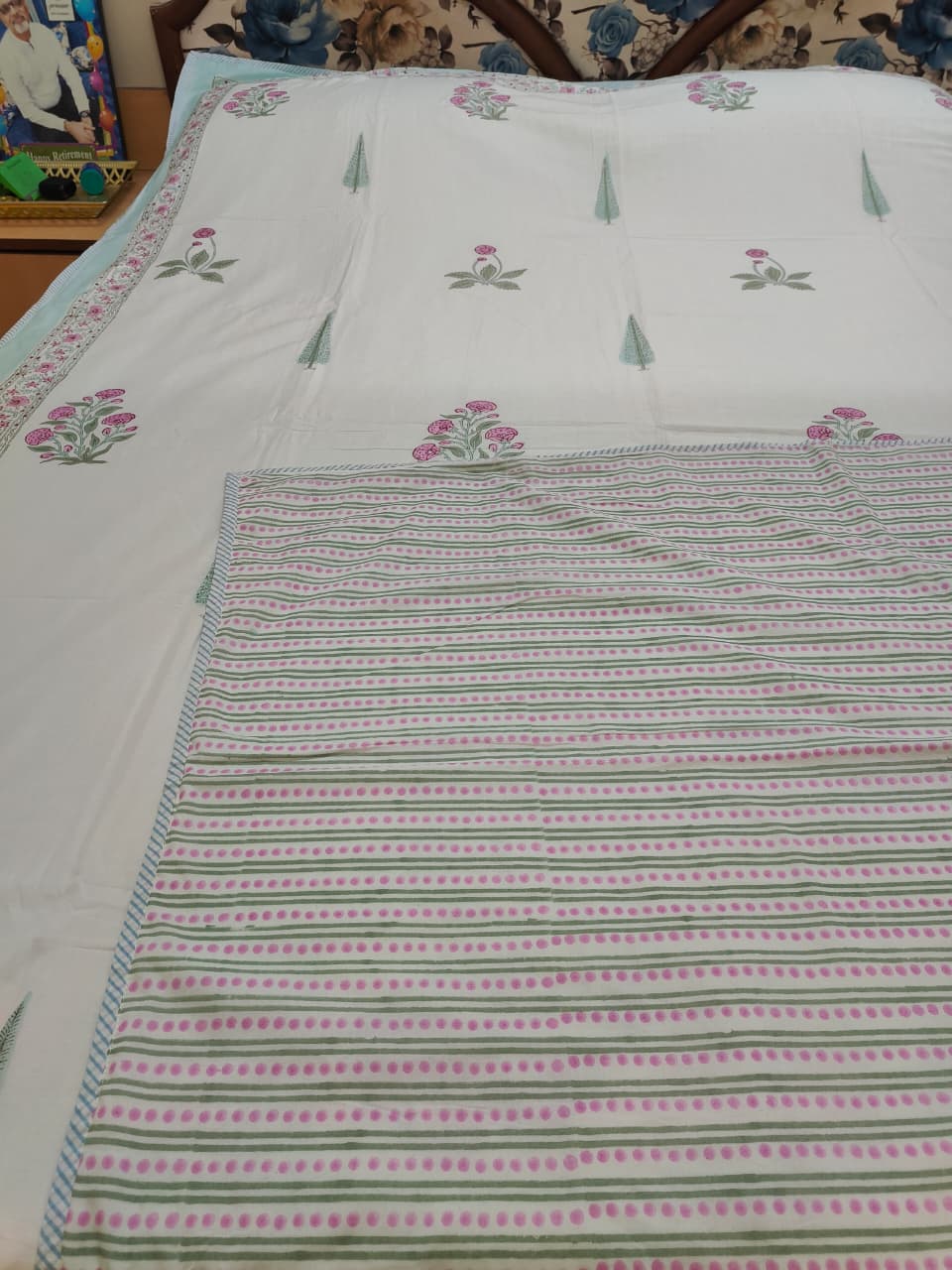 Light Magenta Floral Handblock Mulmul Cotton Reversible Dohar