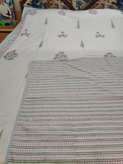 Light Magenta Floral Handblock Mulmul Cotton Reversible Dohar