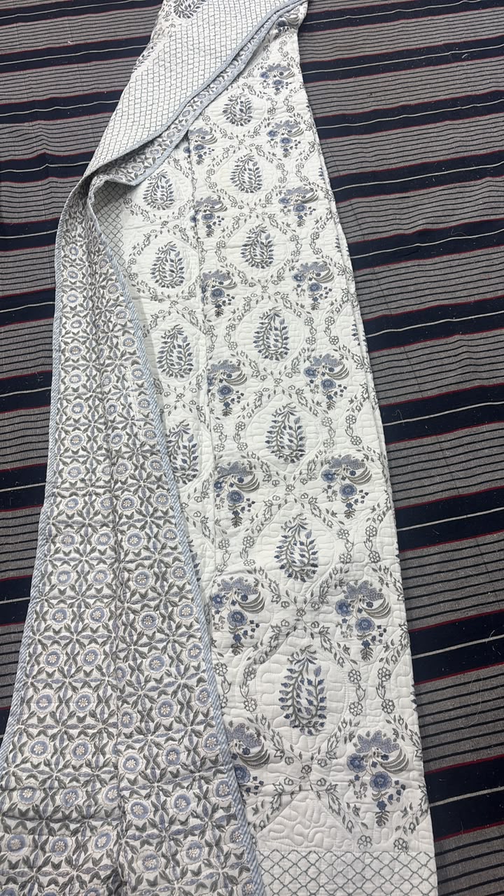Blue Kairi Handblock Printed Reversible Quilted Bedcover Set-105x108