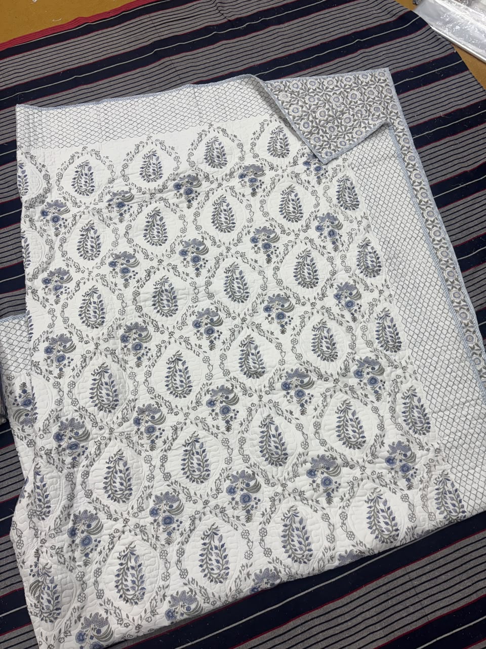 Blue Kairi Handblock Printed Reversible Quilted Bedcover Set-105x108