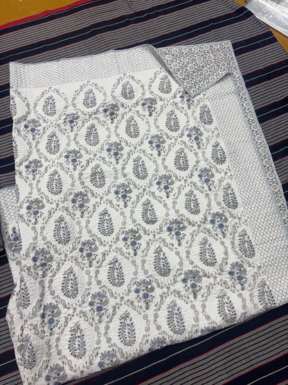 Blue Kairi Handblock Printed Reversible Quilted Bedcover Set-105x108
