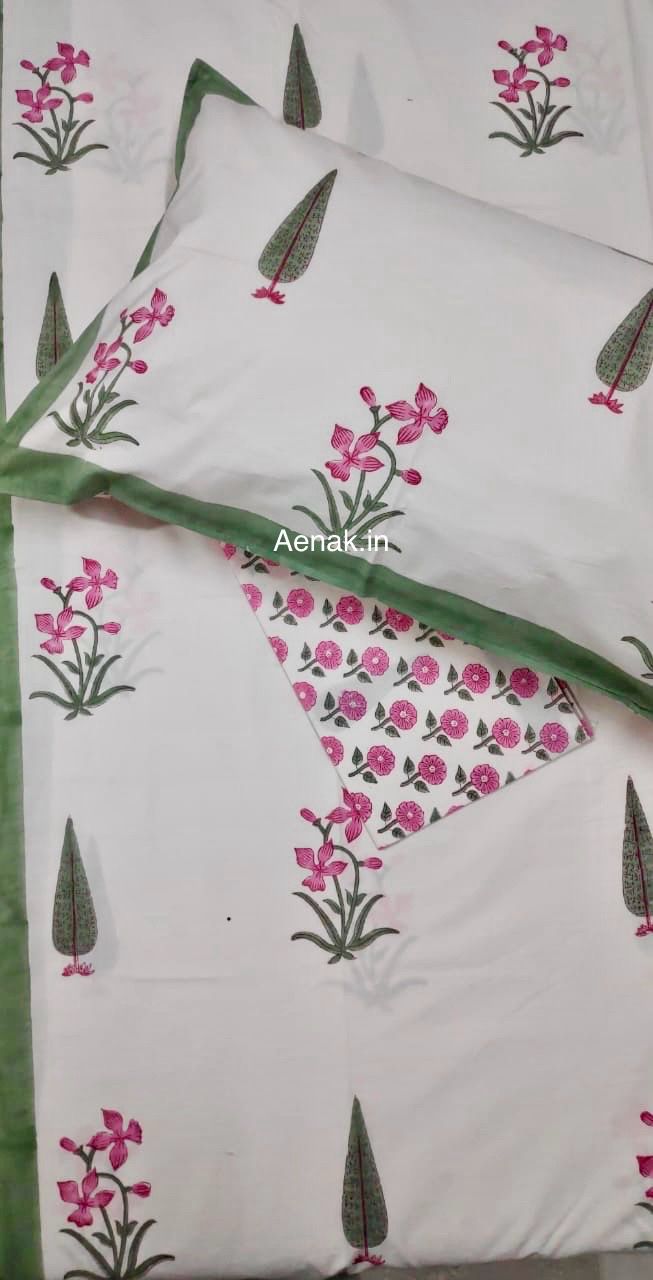 Pink Madhumati Handblock Bedsheet + Quilt Combo Set