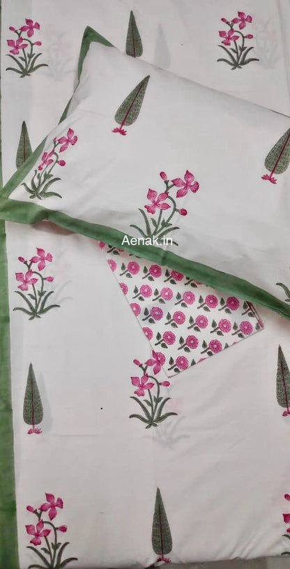 Pink Madhumati Handblock Bedsheet + Quilt Combo Set