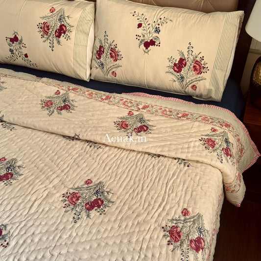 Burgundy Anaar Handblock Reversible Mulmul Cotton Quilt (Beige Base)