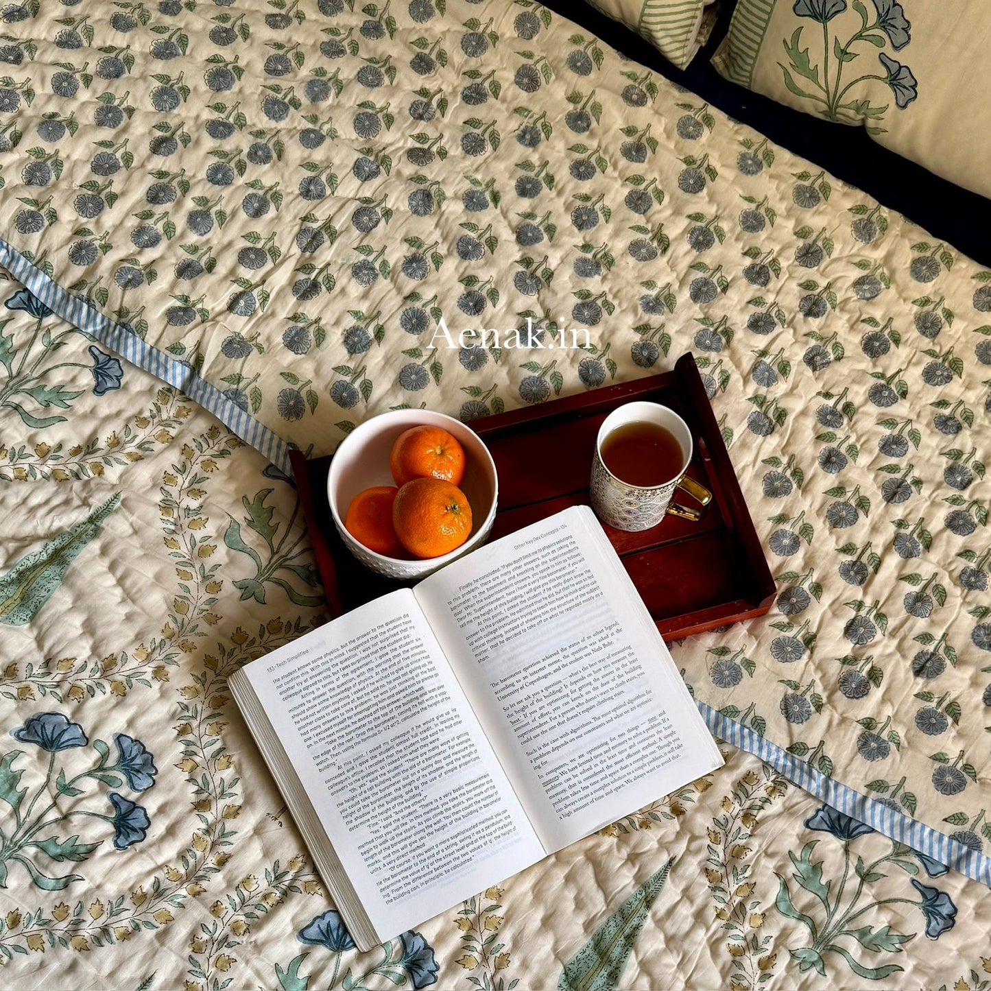 Blue Poppy Handblock Reversible Mulmul Cotton Quilt (Beige Base)