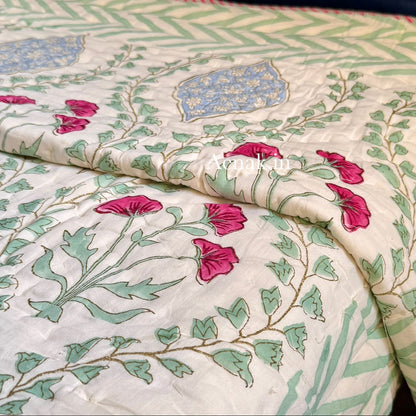 Pink Poppy Handblock Reversible Mulmul Cotton Quilt (Light Beige Base)