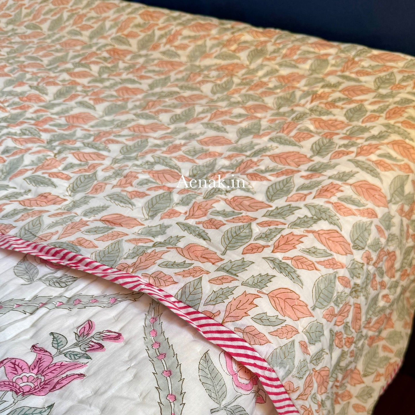 Pink Periwinkle Handblock Reversible Mulmul Cotton Quilt