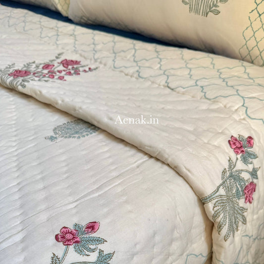 Green Ashoka Handblock Reversible Mulmul Cotton Quilt (Beige Base)