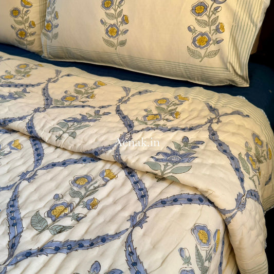 Blue Periwinkle Handblock Reversible Mulmul Cotton Quilt (Beige Base)