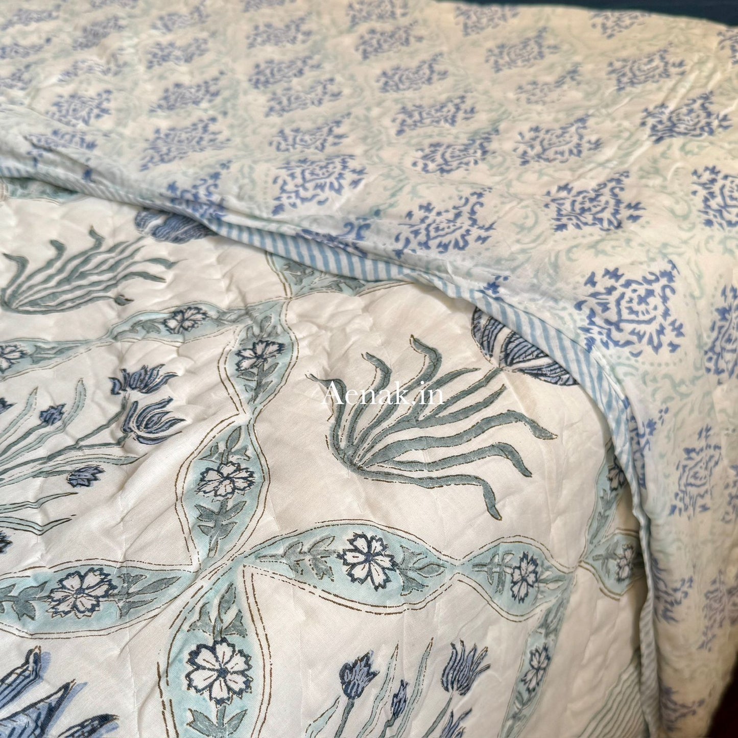Blue Lotus Handblock Reversible Mulmul Cotton Quilt