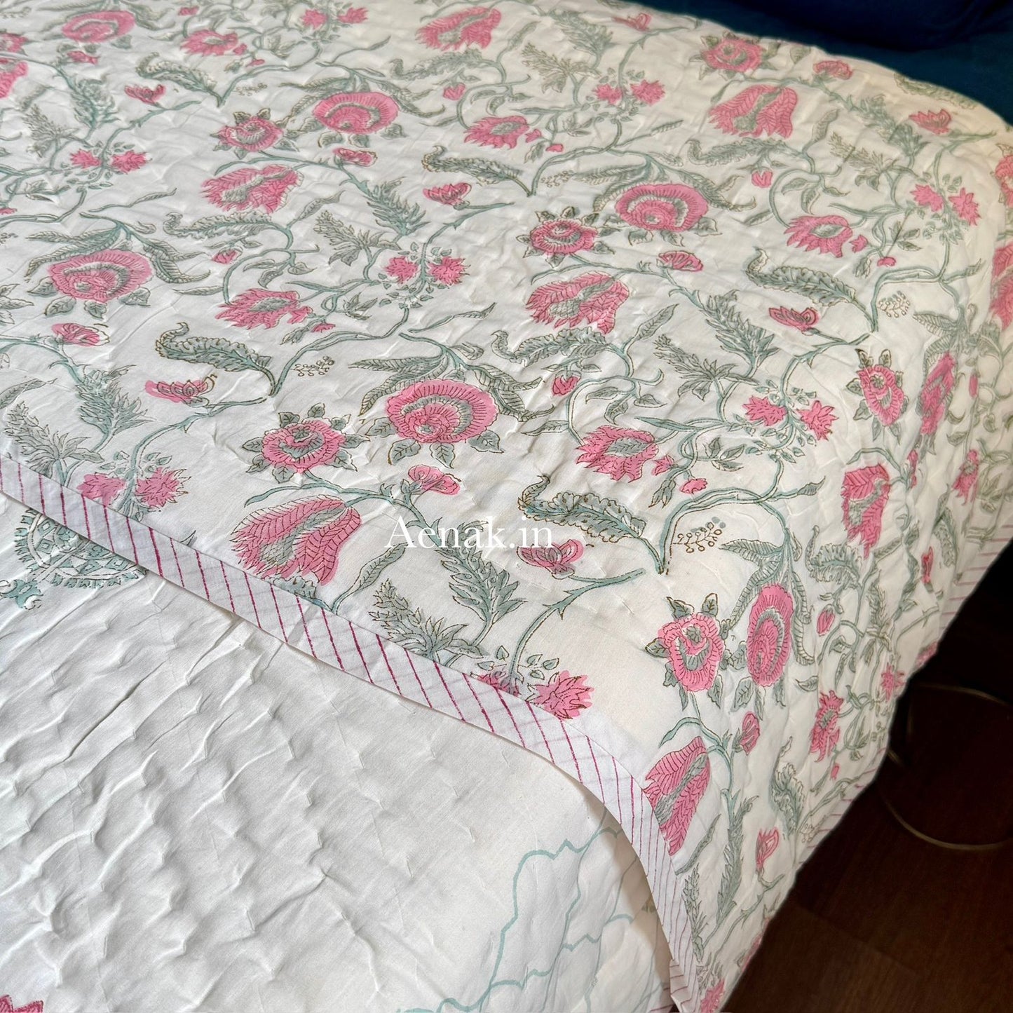 Green Ashoka Handblock Reversible Mulmul Cotton Quilt