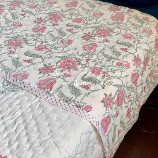 Green Ashoka Handblock Reversible Mulmul Cotton Quilt