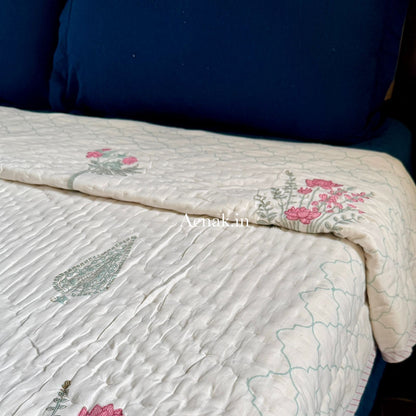 Green Ashoka Handblock Reversible Mulmul Cotton Quilt