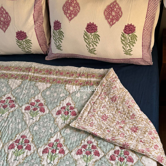 Green & Pink Dahlia Handblock Reversible Mulmul Cotton Quilt