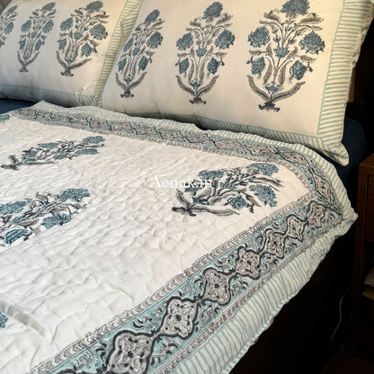 Teal Blue Dahlia Handblock Reversible Mulmul Cotton Quilt