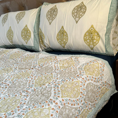 Green Jaal Handblock Reversible Mulmul Cotton Quilt