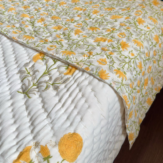 Yellow Marigold Handblock Reversible Mulmul Cotton Quilt