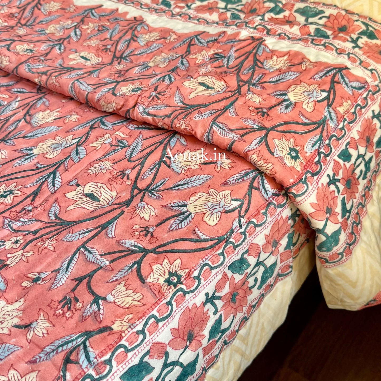 Dark Peach Floral Handblock Reversible Mulmul Cotton Quilt