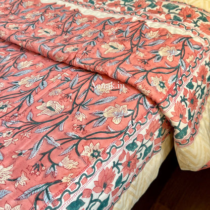 Dark Peach Floral Handblock Reversible Mulmul Cotton Quilt