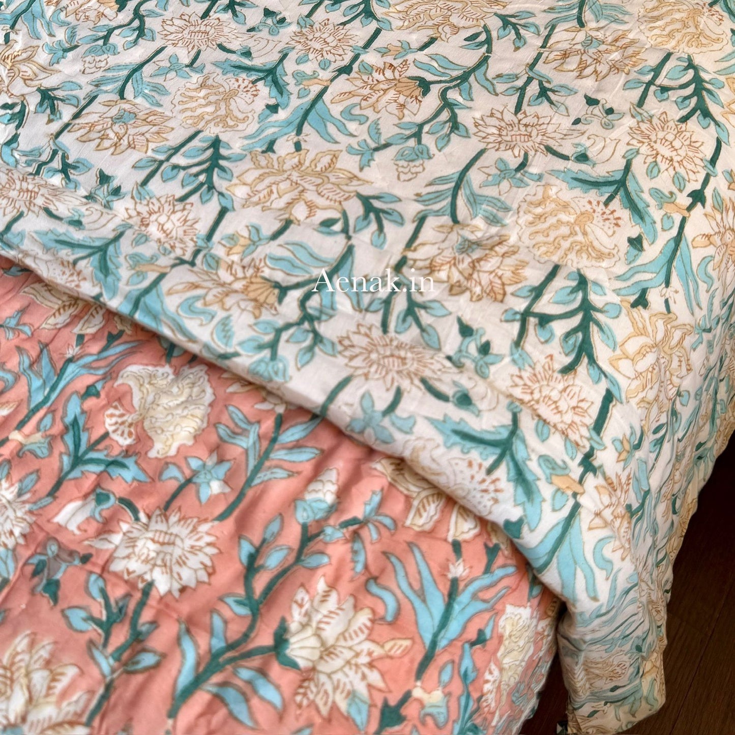 Light Peach Floral Handblock Reversible Mulmul Cotton Quilt