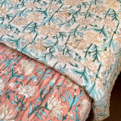 Light Peach Floral Handblock Reversible Mulmul Cotton Quilt