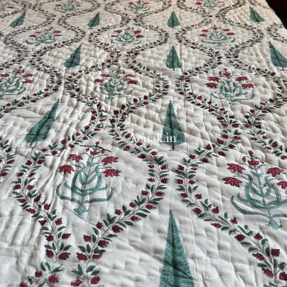 Teal Green Jaal Handblock Reversible Mulmul Cotton Quilt