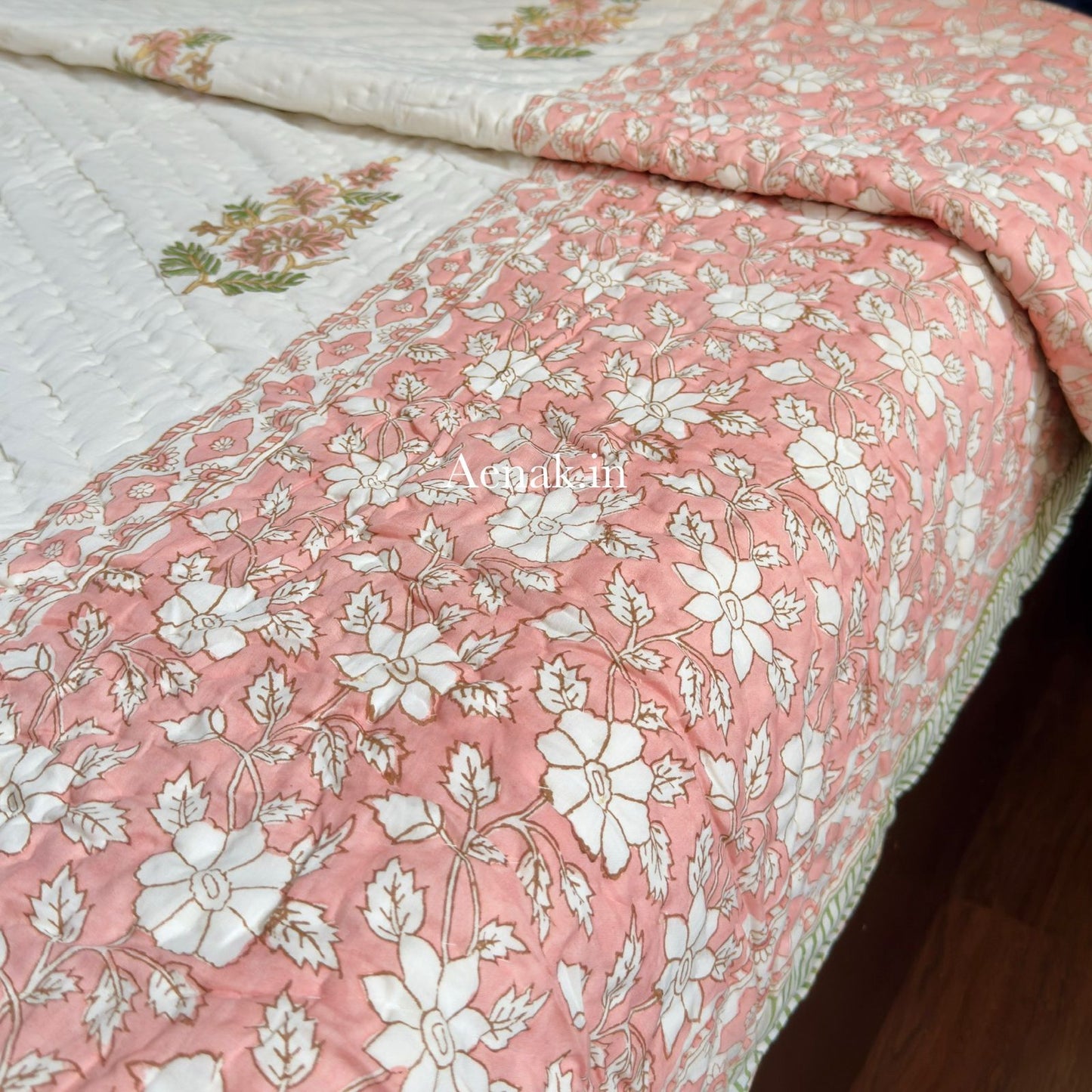 Peach Dahlia Handblock Reversible Mulmul Cotton Quilt