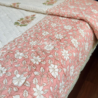 Peach Dahlia Handblock Reversible Mulmul Cotton Quilt